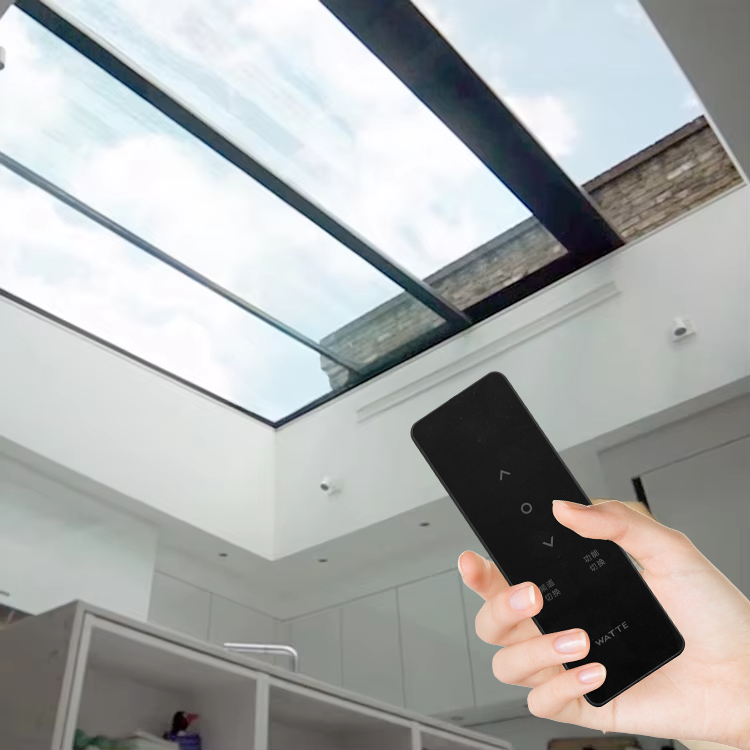 Electric sliding skylight product rendering showing track system and motorised operation
