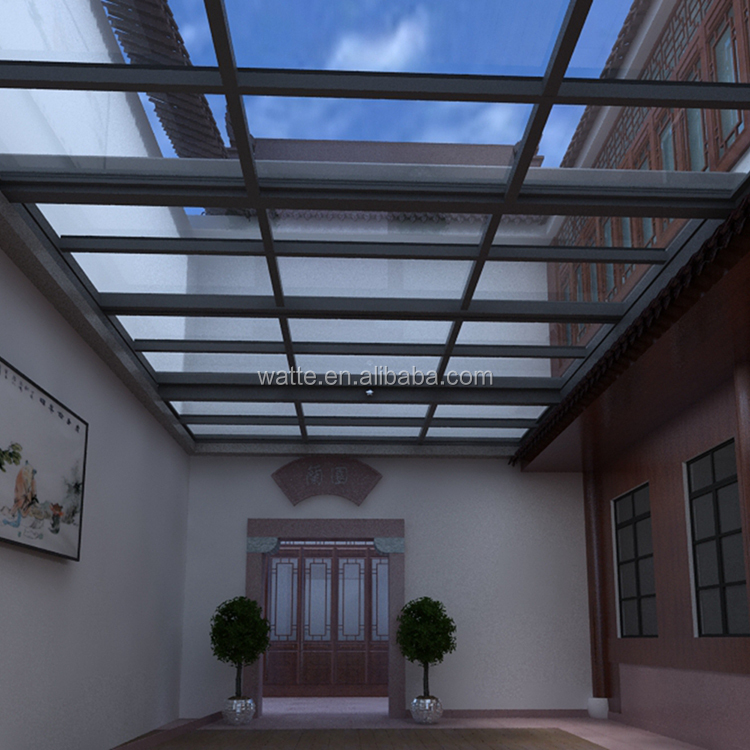 Motorised aluminium sunroof skylight system shown from below, daylight streaming through double-glazed panels